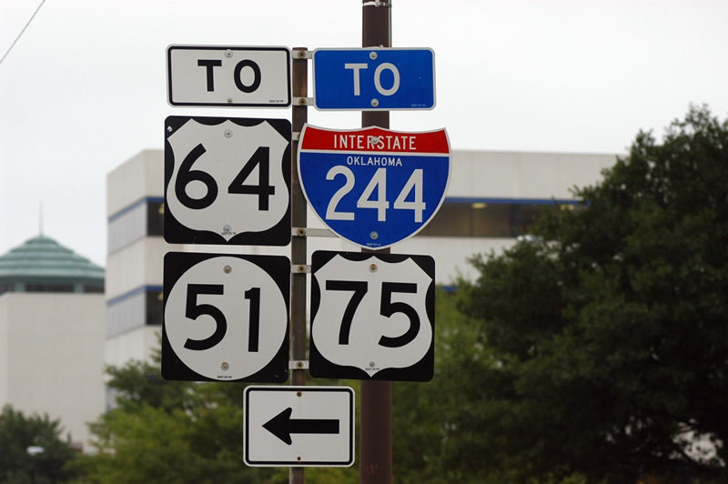 Oklahoma - Interstate 244, U.S. Highway 75, State Highway 51, and U.S. Highway 64 sign.