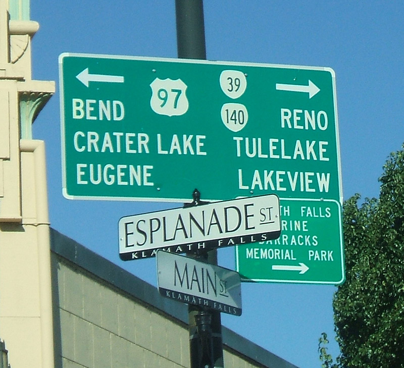 Oregon - State Highway 140, State Highway 39, and U.S. Highway 97 sign.