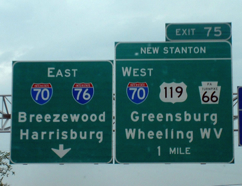 Pennsylvania - Pennsylvania Turnpike route 66, U.S. Highway 119, Interstate 76, and Interstate 70 sign.