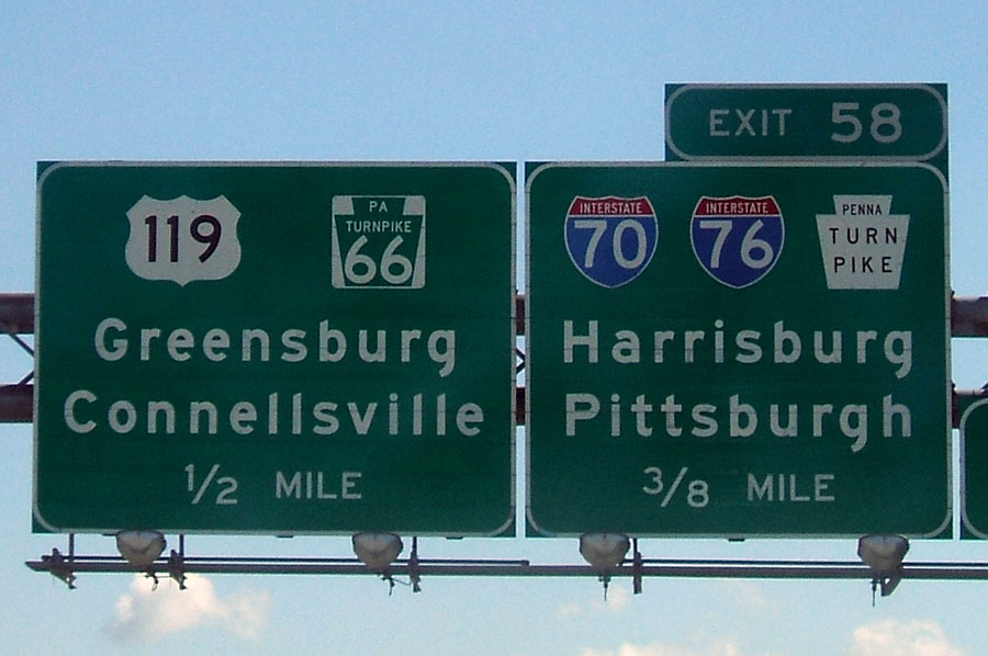Pennsylvania - U.S. Highway 119, Pennsylvania Turnpike, Interstate 76, Interstate 70, and Pennsylvania Turnpike route 66 sign.