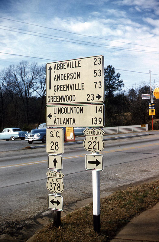 South Carolina - State Highway 28, U.S. Highway 378, and U.S. Highway 221 sign.
