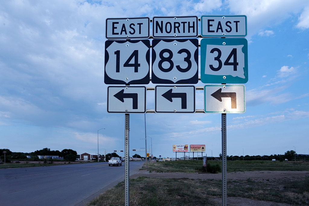South Dakota - State Highway 34, U.S. Highway 83, and U.S. Highway 14 sign.
