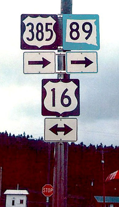 South Dakota - U.S. Highway 385, State Highway 89, and U.S. Highway 16 sign.