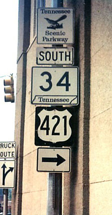 Tennessee - State Highway 34, scenic parkway, and U.S. Highway 421 sign.