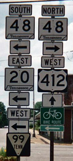 Tennessee - State Highway 99, U.S. Highway 412, State Highway 20, and State Highway 48 sign.