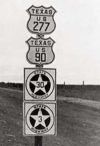 Texas - State Highway 3, State Highway 30, U.S. Highway 90, and U.S. Highway 277 sign.