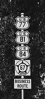 Texas - State Highway 67, U.S. Highway 84, U.S. Highway 81, and U.S. Highway 77 sign.
