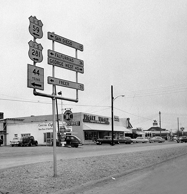Texas - State Highway 44, U.S. Highway 281, and U.S. Highway 59 sign.