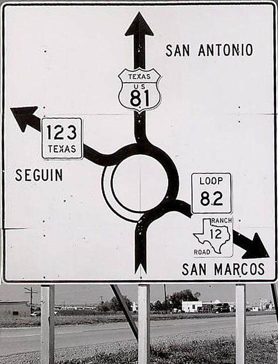 Texas - ranch to market road 12, state loop road 82, State Highway 123, and U.S. Highway 81 sign.