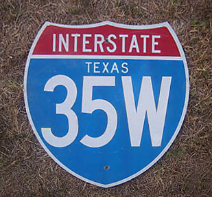 Texas Interstate 35W sign.