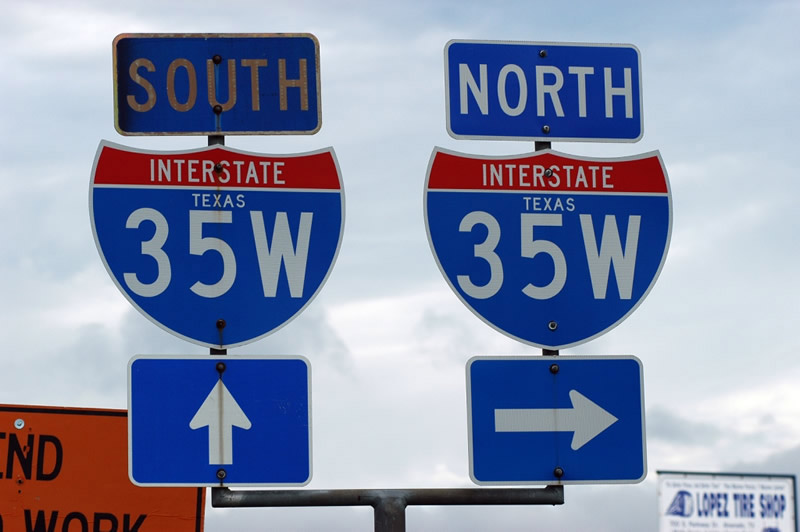 Texas interstate highway 35W sign.