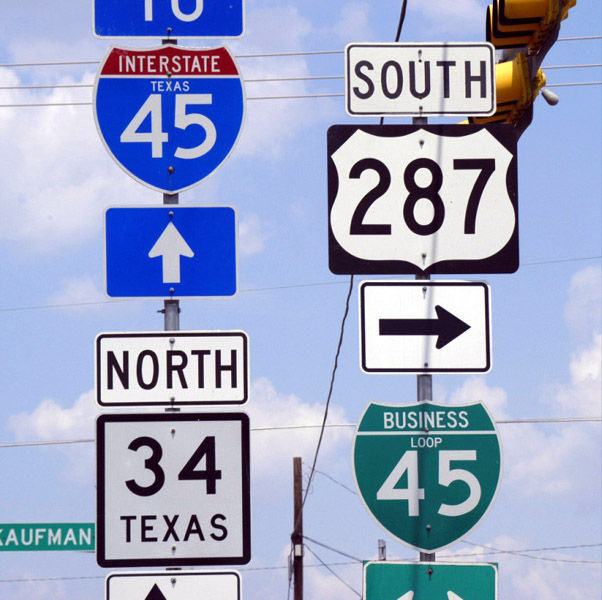 Texas - U.S. Highway 287, State Highway 34, business loop 45, and Interstate 45 sign.