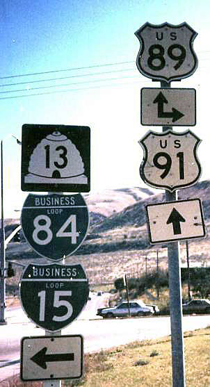 Utah - business loop 15, business loop 84, State Highway 13, U.S. Highway 91, and U.S. Highway 89 sign.