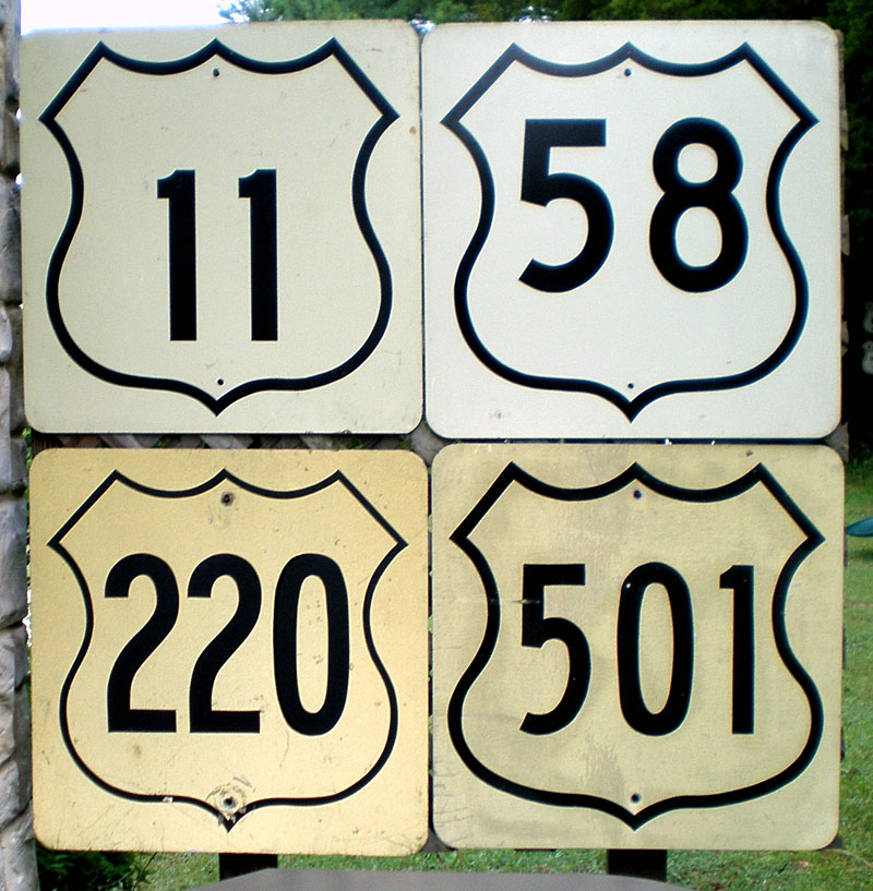 Virginia - U.S. Highway 220, U.S. Highway 501, U.S. Highway 58, and U.S. Highway 11 sign.