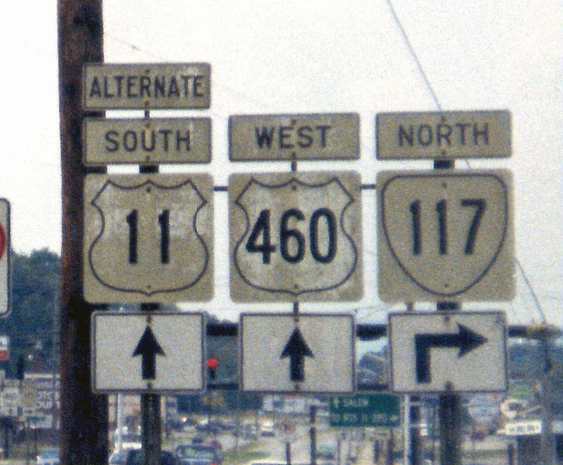 Virginia - State Highway 117, U.S. Highway 460, and U.S. Highway 11 sign.