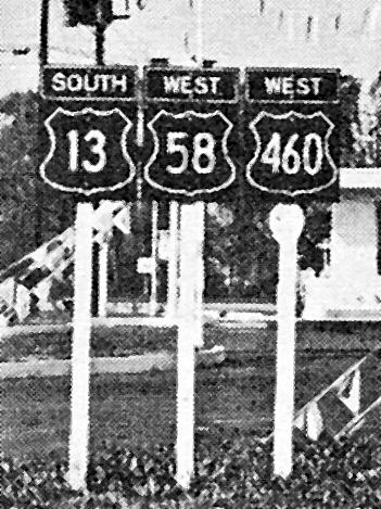Virginia - U.S. Highway 460, U.S. Highway 58, and U.S. Highway 13 sign.
