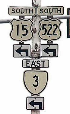 Virginia - State Highway 3, U.S. Highway 522, and U.S. Highway 15 sign.