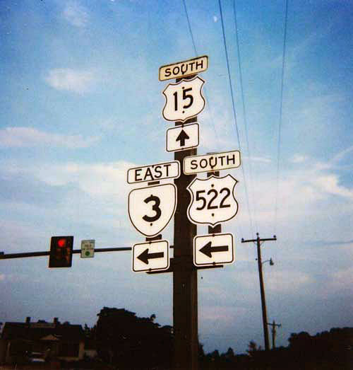 Virginia - U.S. Highway 522, State Highway 3, and U.S. Highway 15 sign.