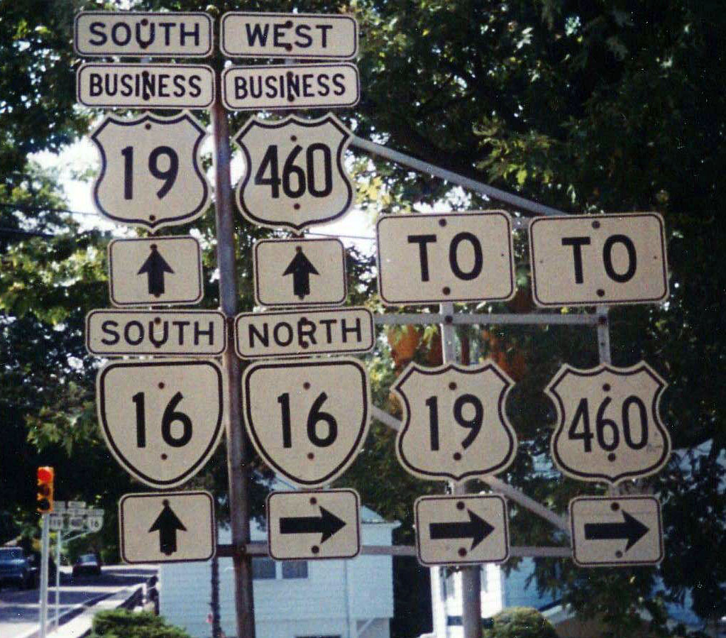 Virginia - U.S. Highway 460, U.S. Highway 19, and State Highway 16 sign.
