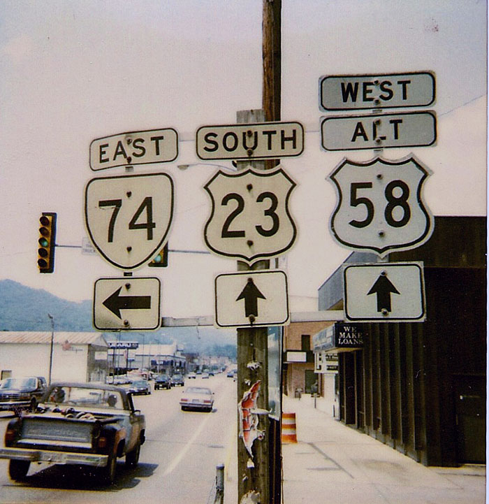 Virginia - U.S. Highway 58, U.S. Highway 23, and State Highway 74 sign.