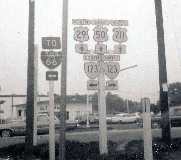 Virginia - State Highway 123, U.S. Highway 211, U.S. Highway 50, U.S. Highway 29, and Interstate 66 sign.