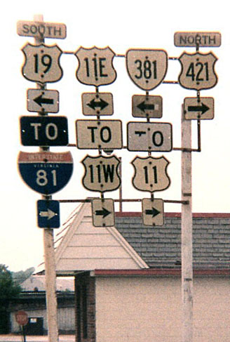 Virginia - U.S. Highway 11, U. S. highway 11W, U.S. Highway 421, State Highway 381, U. S. highway 11E, U.S. Highway 19, and Interstate 81 sign.