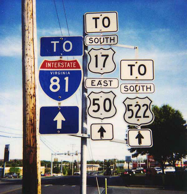 Virginia - U.S. Highway 522, U.S. Highway 50, U.S. Highway 17, and Interstate 81 sign.