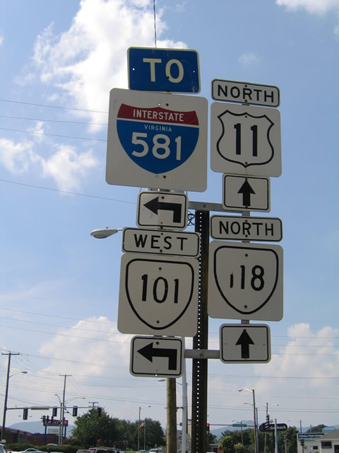 Virginia - Interstate 581, State Highway 118, State Highway 101, and U.S. Highway 11 sign.