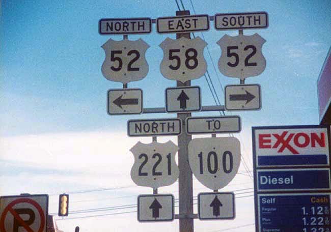 Virginia - State Highway 100, U.S. Highway 221, U.S. Highway 58, and U.S. Highway 52 sign.