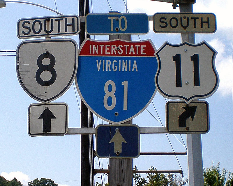 Virginia - U.S. Highway 11, State Highway 8, and Interstate 81 sign.