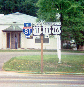 Virginia - U.S. Highway 16, U.S. Highway 11, and Interstate 81 sign.