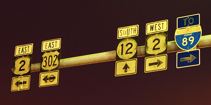 Vermont - U.S. Highway 2, State Highway 12, U.S. Highway 302, and Interstate 89 sign.