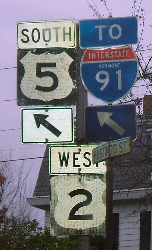 Vermont - U.S. Highway 2, Interstate 91, and U.S. Highway 5 sign.