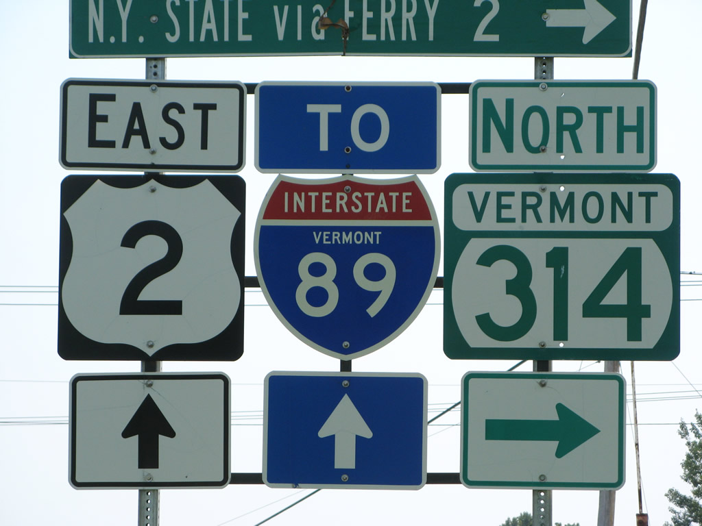 Vermont - Interstate 89, State Highway 314, and U.S. Highway 2 sign.