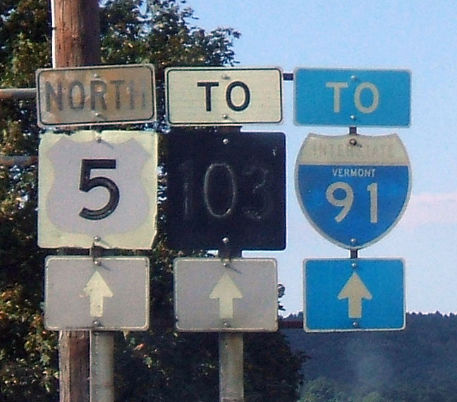 Vermont - Interstate 91, State Highway 103, and U.S. Highway 5 sign.