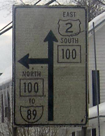 Vermont - U.S. Highway 2, State Highway 100, and Interstate 89 sign.