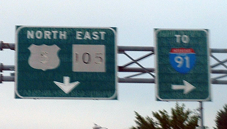Vermont - Interstate 91, State Highway 105, and U.S. Highway 5 sign.