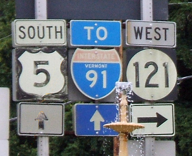 Vermont - State Highway 121, Interstate 91, and U.S. Highway 5 sign.