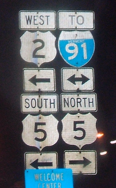 Vermont - U.S. Highway 5, Interstate 91, and U.S. Highway 2 sign.