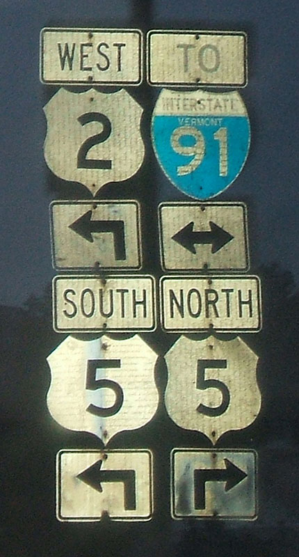 Vermont - U.S. Highway 5, Interstate 91, and U.S. Highway 2 sign.