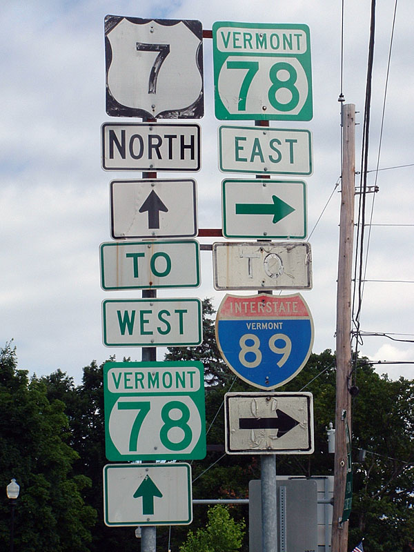 Vermont - Interstate 89, State Highway 78, and U.S. Highway 7 sign.