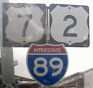 Vermont - Interstate 89, U.S. Highway 2, and U.S. Highway 7 sign.