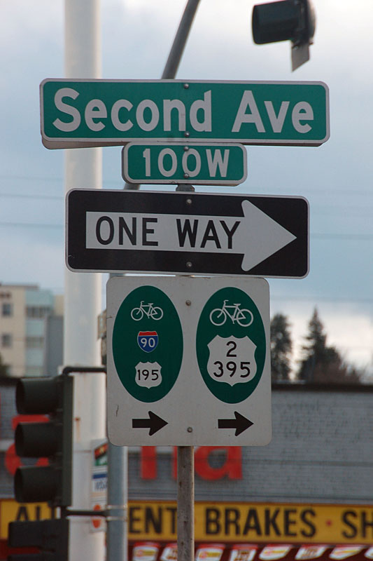 Washington - Interstate 90, U. S. highway 2 and 395, and U.S. Highway 195 sign.