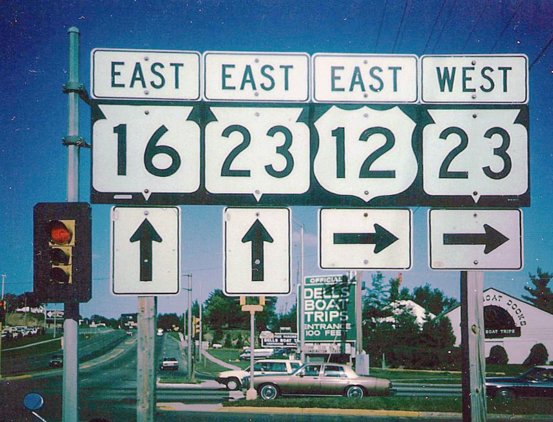 Wisconsin - U.S. Highway 16, U.S. Highway 12, State Highway 23, and State Highway 16 sign.