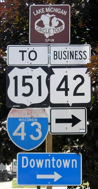 Wisconsin - Interstate 43, Lake Michigan Circle Tour, State Highway 42, and U.S. Highway 151 sign.