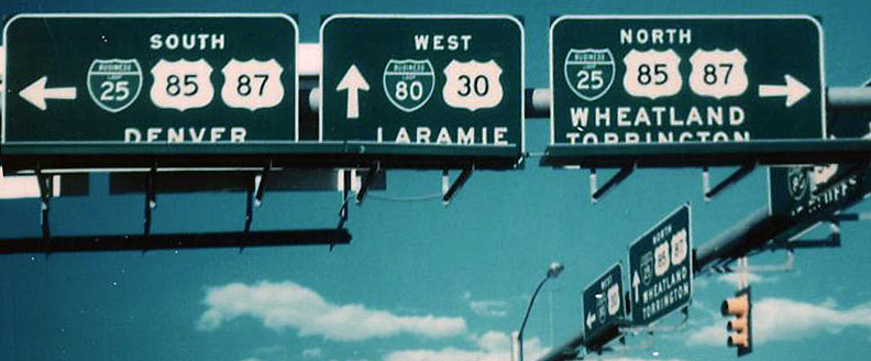 Wyoming - Interstate 25, U.S. Highway 87, business loop 80, U.S. Highway 30, and U.S. Highway 85 sign.