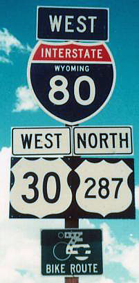 Wyoming - bicentennial bike route, U.S. Highway 287, U.S. Highway 30, and Interstate 80 sign.