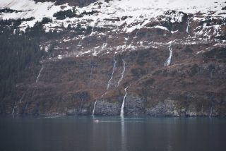 Chugach Mountain waterfalls from Whittier, Alaska