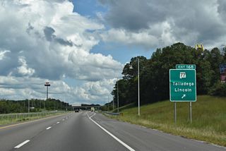 SR 77 leads 27.5 miles north from Exit 168 to U.S. 411 at Rainbow City and 11.5 miles south to SR 21 in Downtown Talladega.