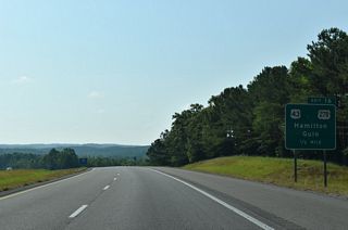 U.S. 43/278 combine along Military Street five miles north from Interstate 22 to Downtown Hamilton. U.S. 43/278 continue 8.37 miles southeast from Exit 16 through Pikeville to Guin.